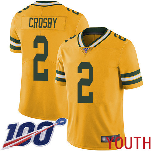 Green Bay Packers Limited Gold Youth 2 Crosby Mason Jersey Nike NFL 100th Season Rush Vapor Untouchable
